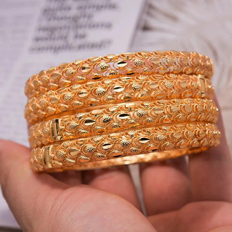 4Pcs Dubai Bangles JPhoenix Flower Bracelet Copper Gold Color Bride Wedding Bracelets
