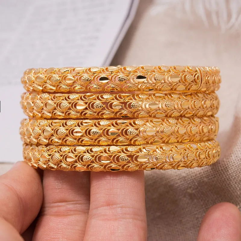 4Pcs Dubai Bangles JPhoenix Flower Bracelet Copper Gold Color Bride Wedding Bracelets