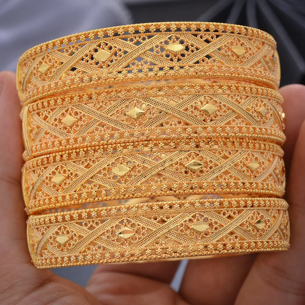 4Pcs/set Nigeria Dubai Gold Color Bangles African bridal wedding Jewelry For women