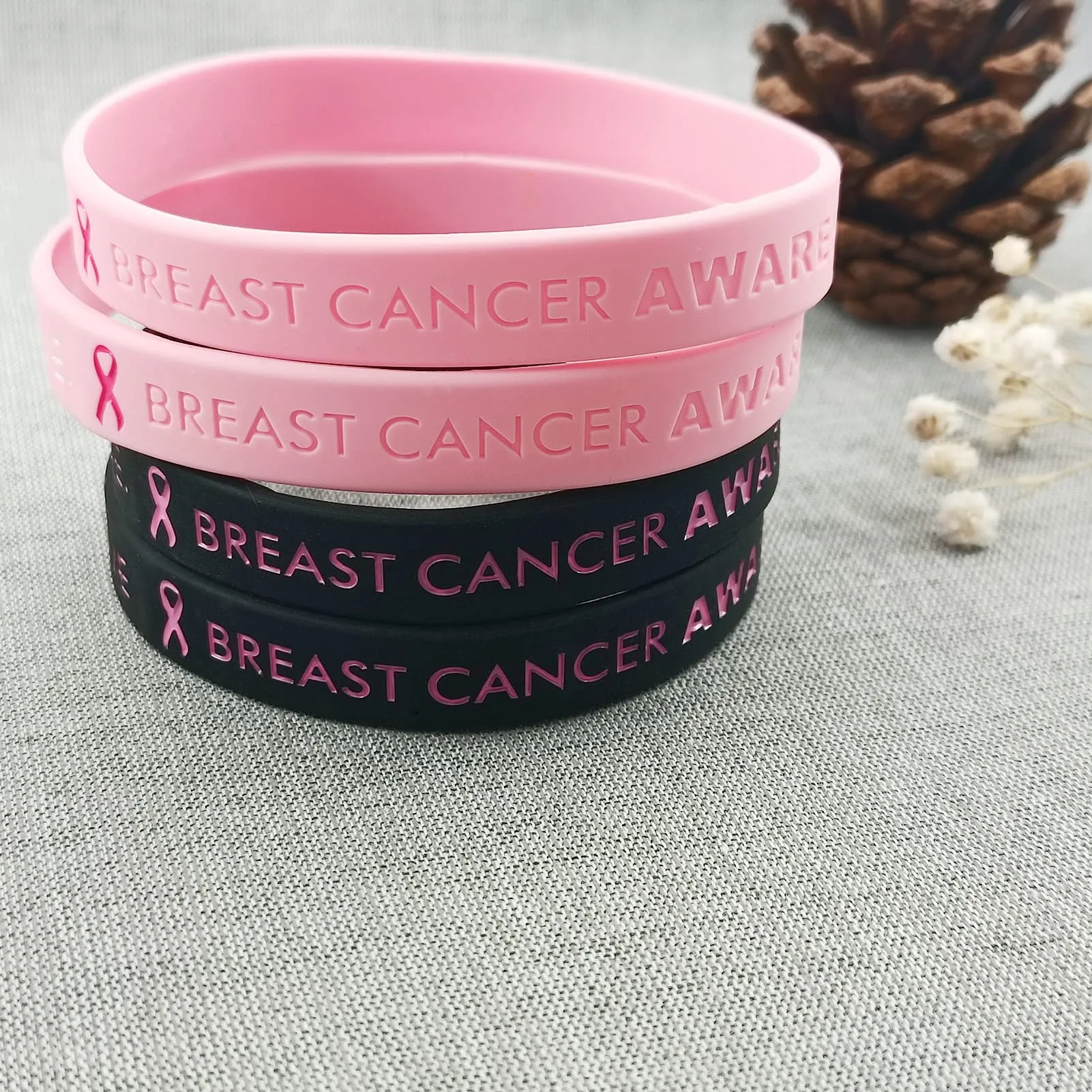 5 Pack Sport Medical Alert ID Silicone Bracelet Rubber Medical Awareness Wristbands 7.5" Breast Cancer