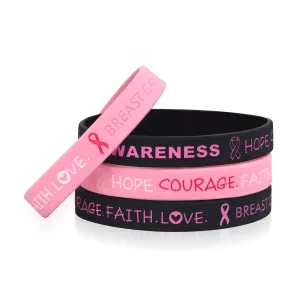 5 Pack Sport Medical Alert ID Silicone Bracelet Rubber Medical Awareness Wristbands 7.5" Breast Cancer