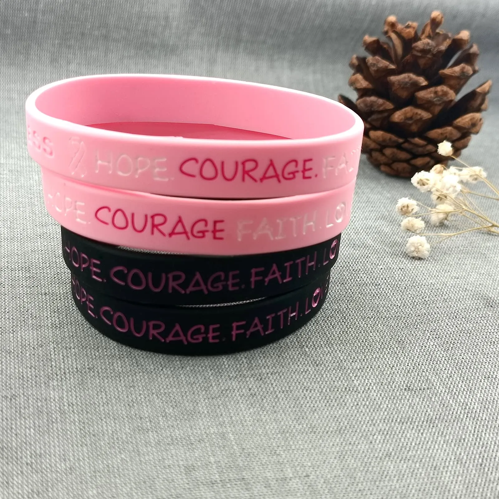 5 Pack Sport Medical Alert ID Silicone Bracelet Rubber Medical Awareness Wristbands 7.5" Breast Cancer