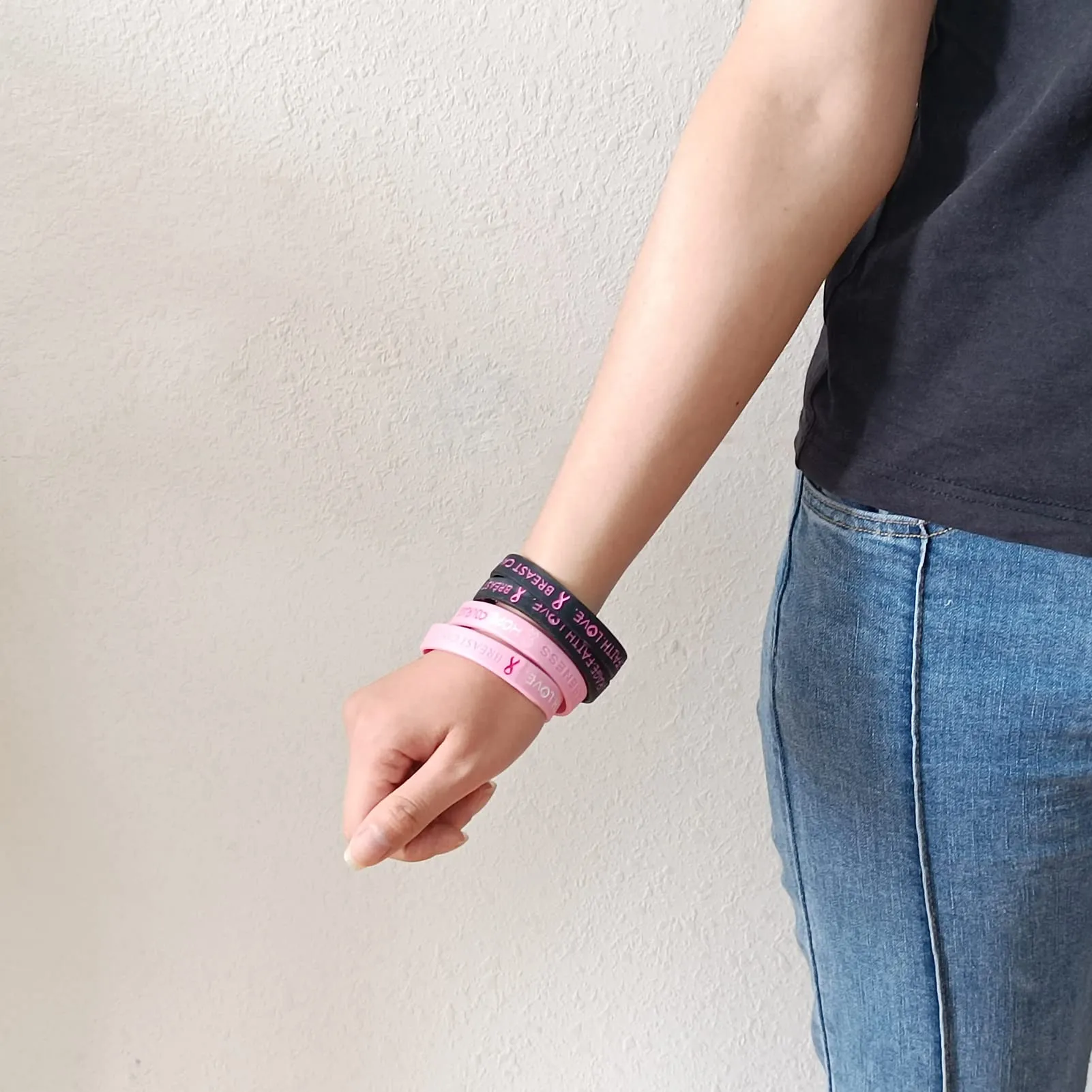 5 Pack Sport Medical Alert ID Silicone Bracelet Rubber Medical Awareness Wristbands 7.5" Breast Cancer