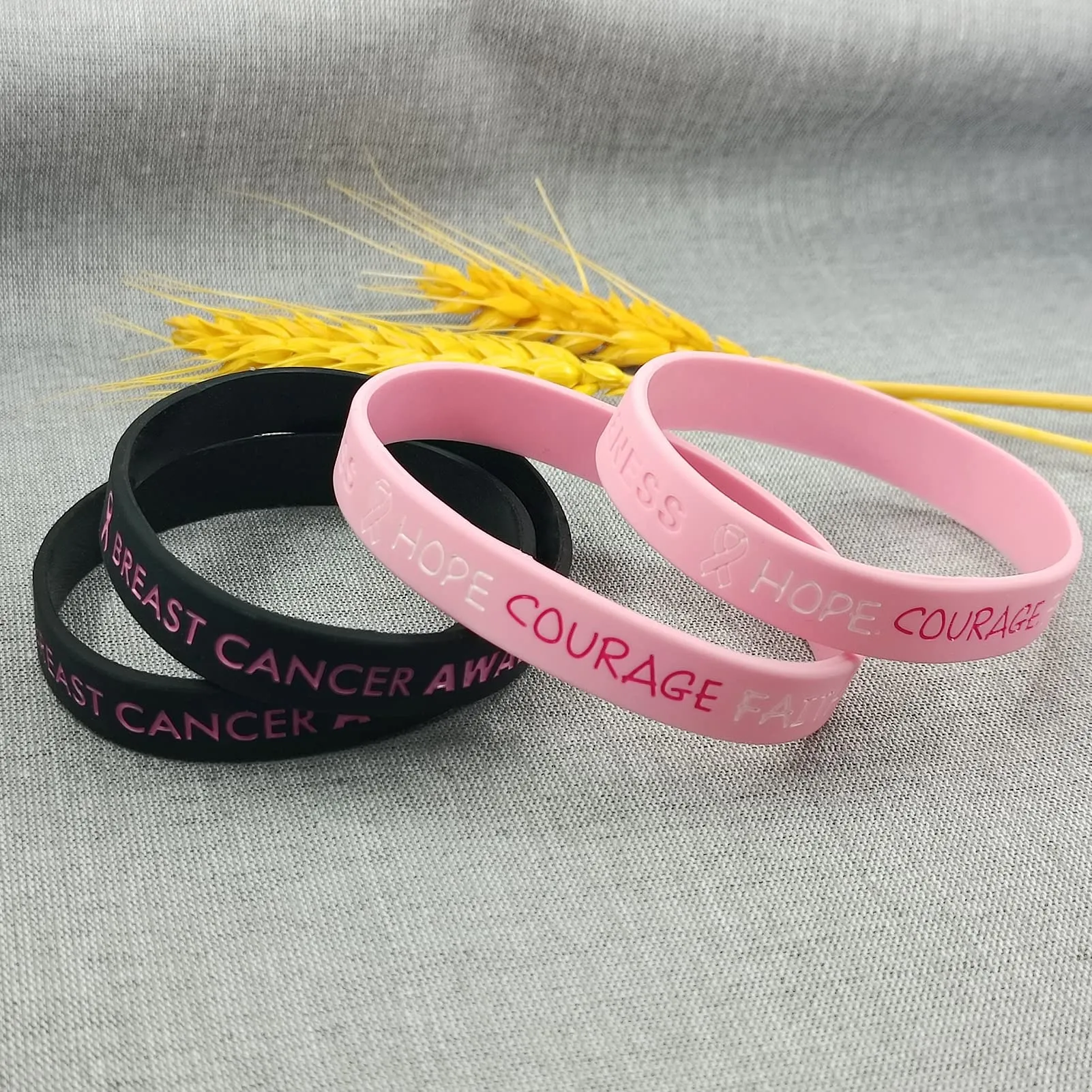 5 Pack Sport Medical Alert ID Silicone Bracelet Rubber Medical Awareness Wristbands 7.5" Breast Cancer