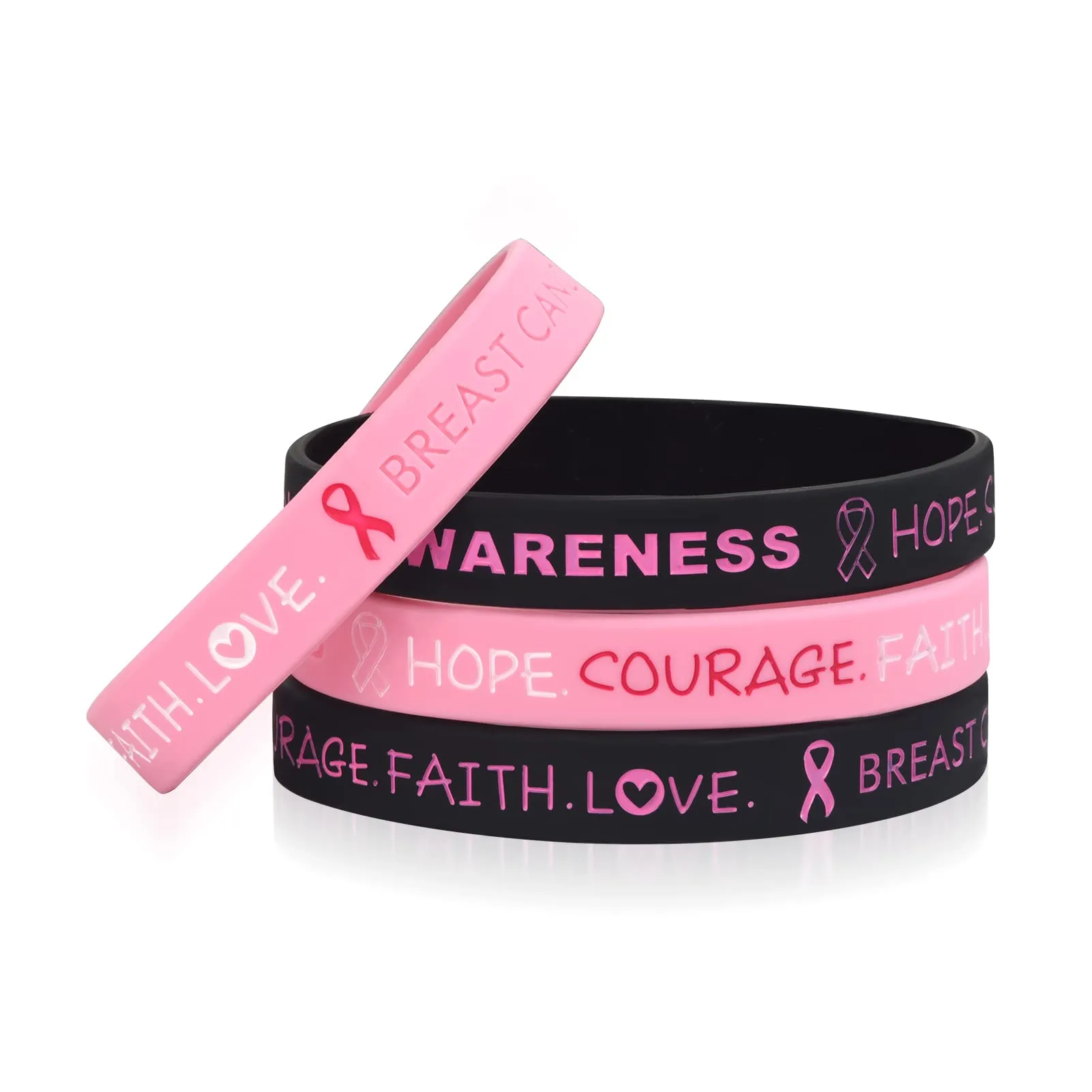 5 Pack Sport Medical Alert ID Silicone Bracelet Rubber Medical Awareness Wristbands 7.5" Breast Cancer