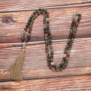 6/8mm Natural Bloodstone 108 Mala Beaded Knotted Necklace