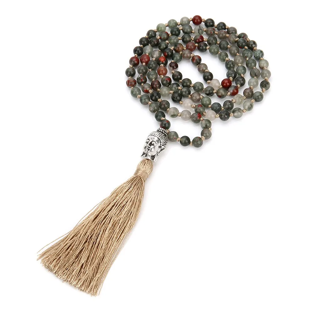 6/8mm Natural Bloodstone 108 Mala Beaded Knotted Necklace