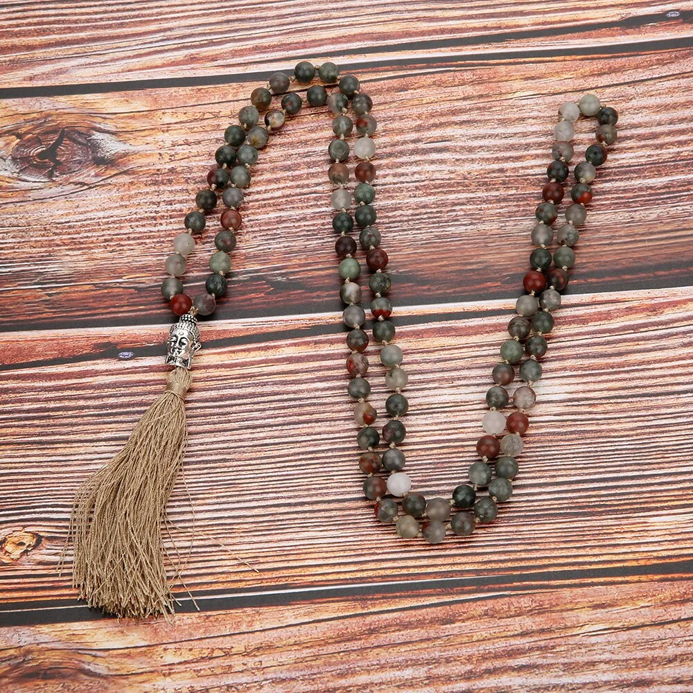 6/8mm Natural Bloodstone 108 Mala Beaded Knotted Necklace