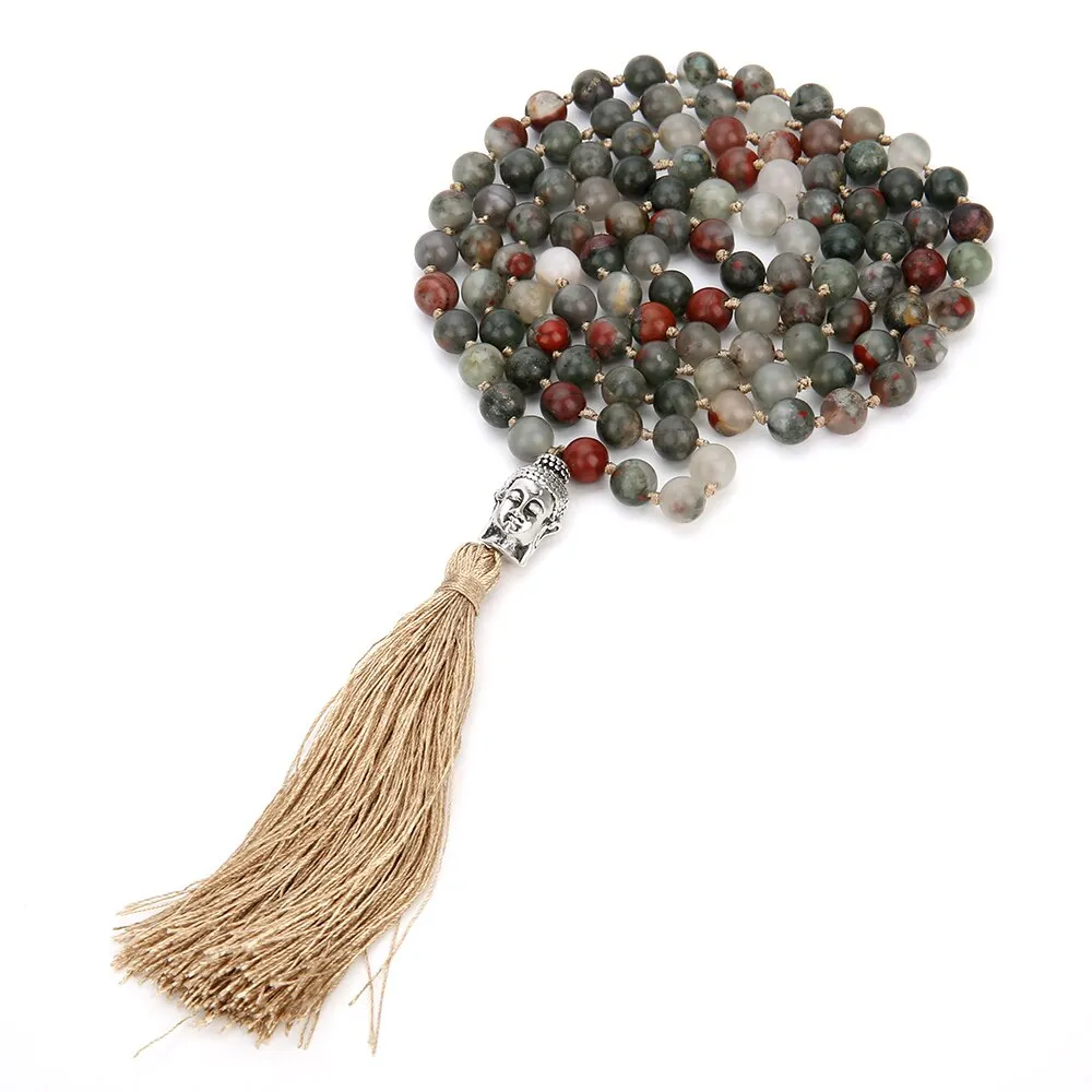 6/8mm Natural Bloodstone 108 Mala Beaded Knotted Necklace