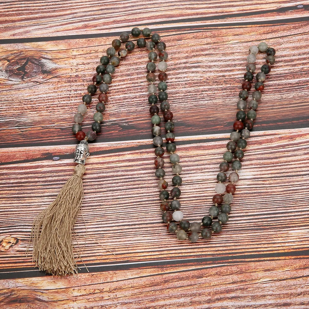 6/8mm Natural Bloodstone 108 Mala Beaded Knotted Necklace