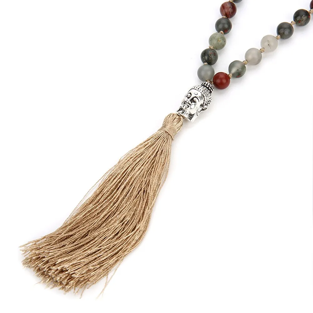 6/8mm Natural Bloodstone 108 Mala Beaded Knotted Necklace