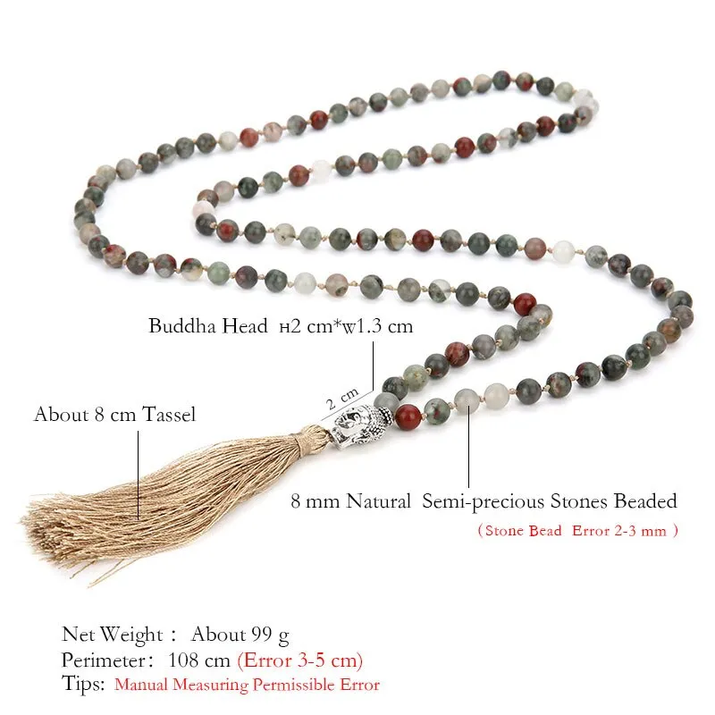 6/8mm Natural Bloodstone 108 Mala Beaded Knotted Necklace
