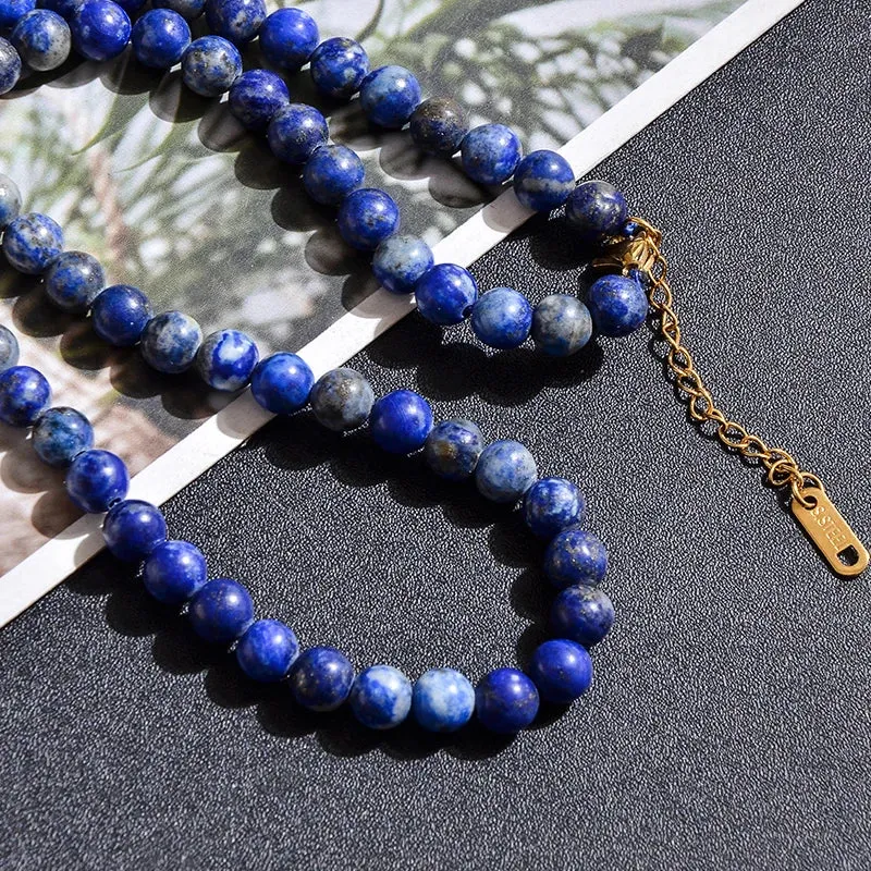 6mm Natural Lapis Lazuli Beaded Strand Choker Necklace For Women