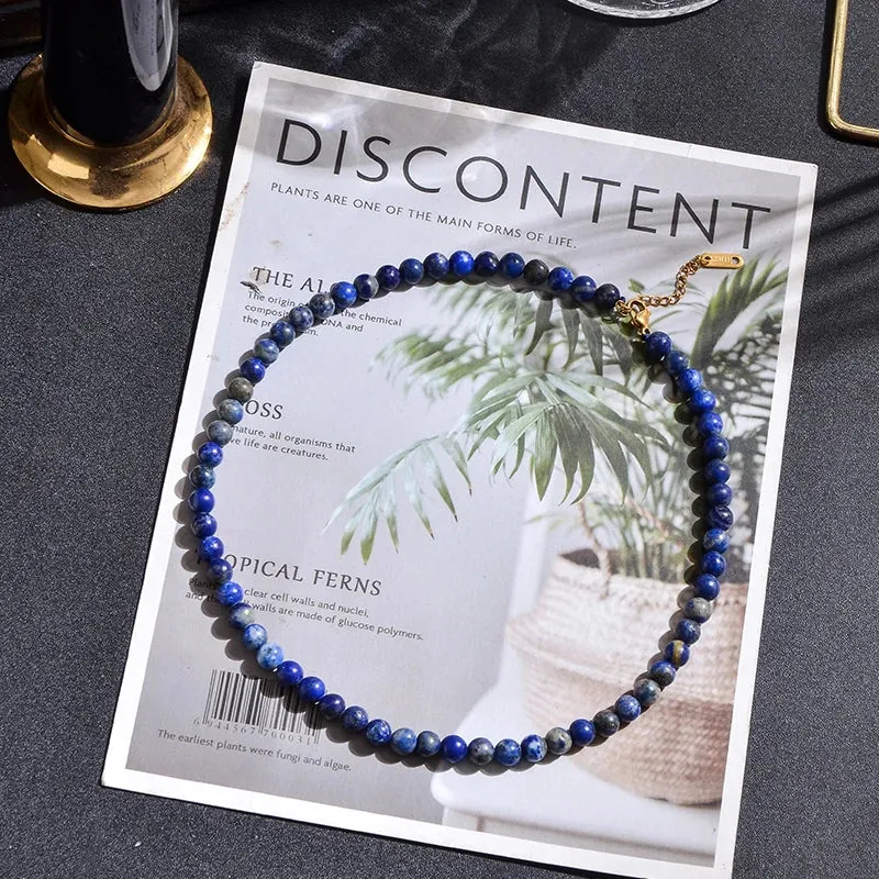 6mm Natural Lapis Lazuli Beaded Strand Choker Necklace For Women