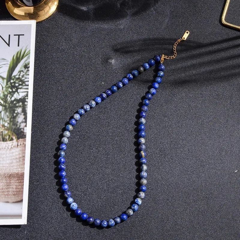 6mm Natural Lapis Lazuli Beaded Strand Choker Necklace For Women