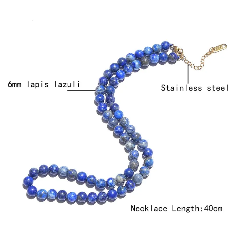 6mm Natural Lapis Lazuli Beaded Strand Choker Necklace For Women