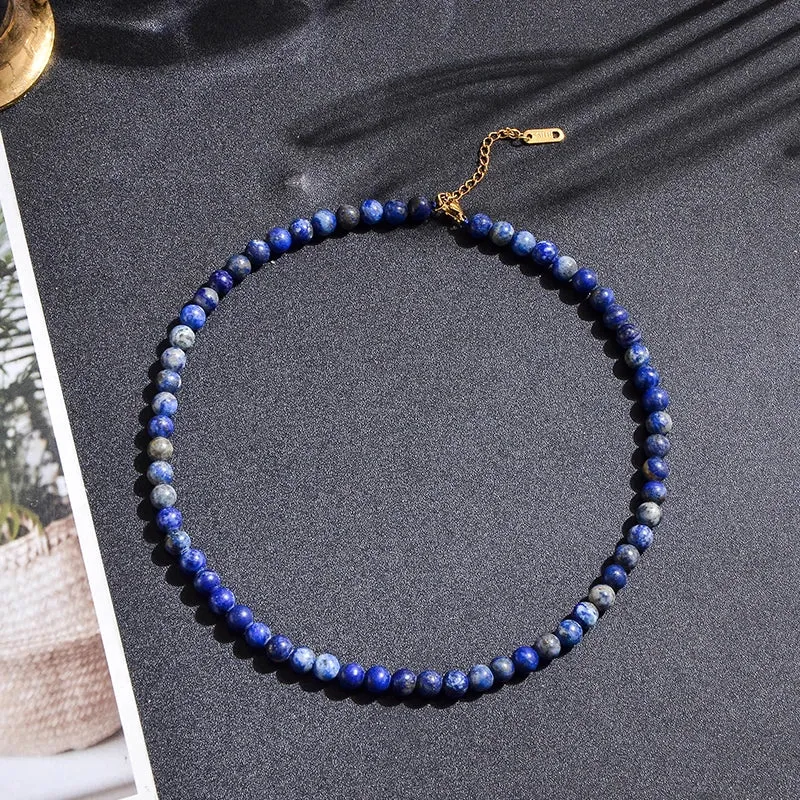 6mm Natural Lapis Lazuli Beaded Strand Choker Necklace For Women