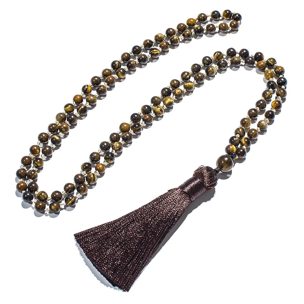 6mm Natural Tiger Eye Beaded Knotted 108 Mala Necklace