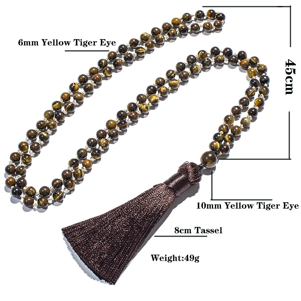 6mm Natural Tiger Eye Beaded Knotted 108 Mala Necklace