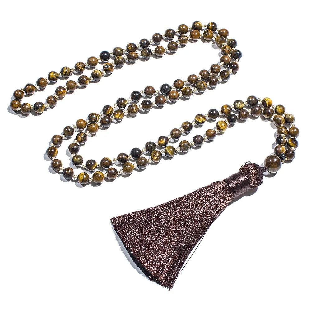 6mm Natural Tiger Eye Beaded Knotted 108 Mala Necklace