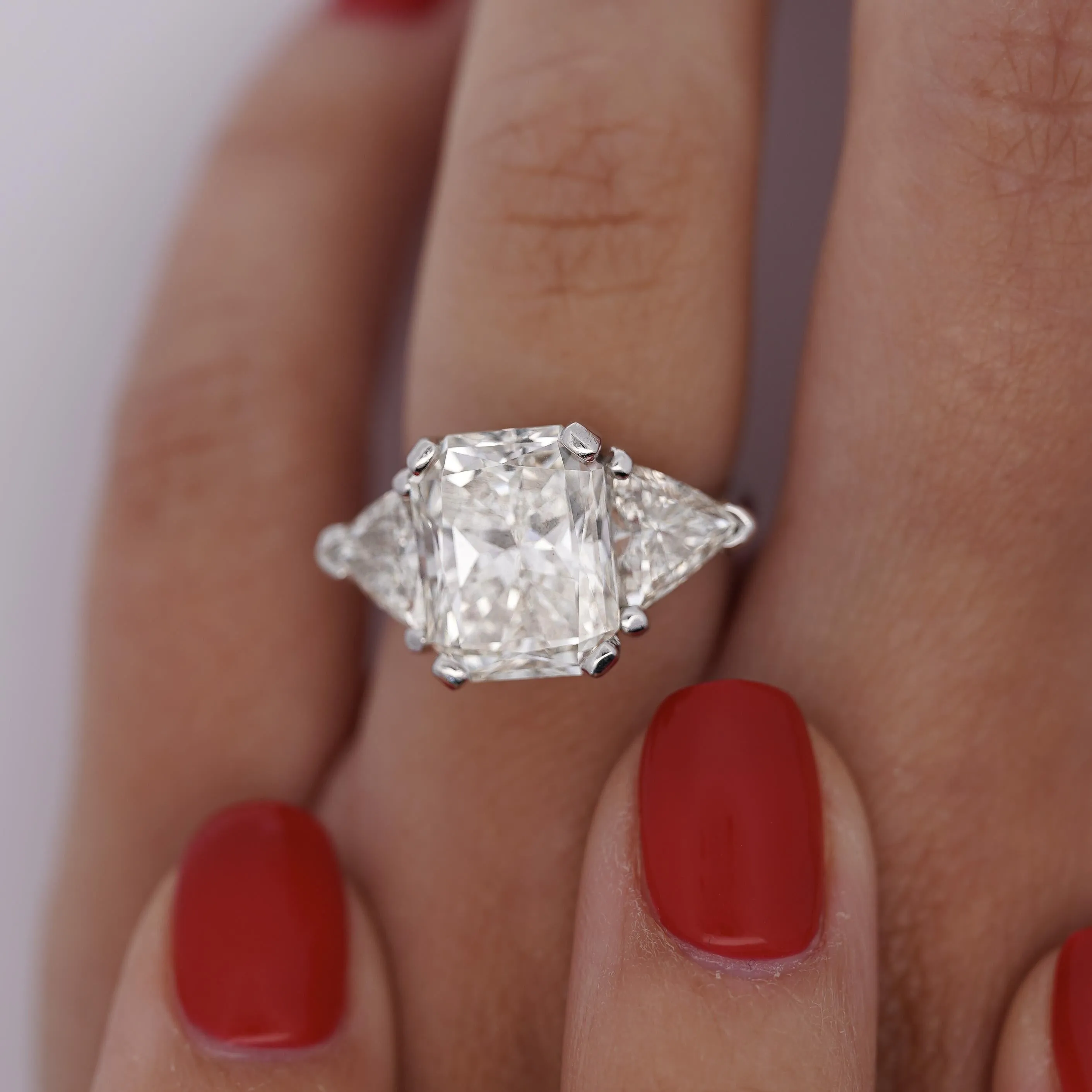 7.68ct TW Radiant & Trillion Cut Three Stone Engagement Ring