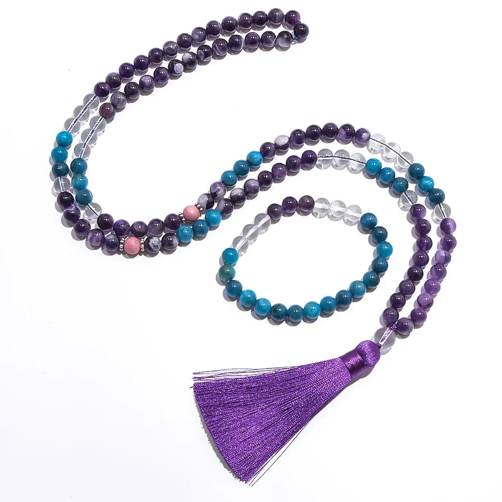 8mm Natural Amethyst Apatite Beads Necklace Bracelet 108 Mala Jewelry Set Meditation