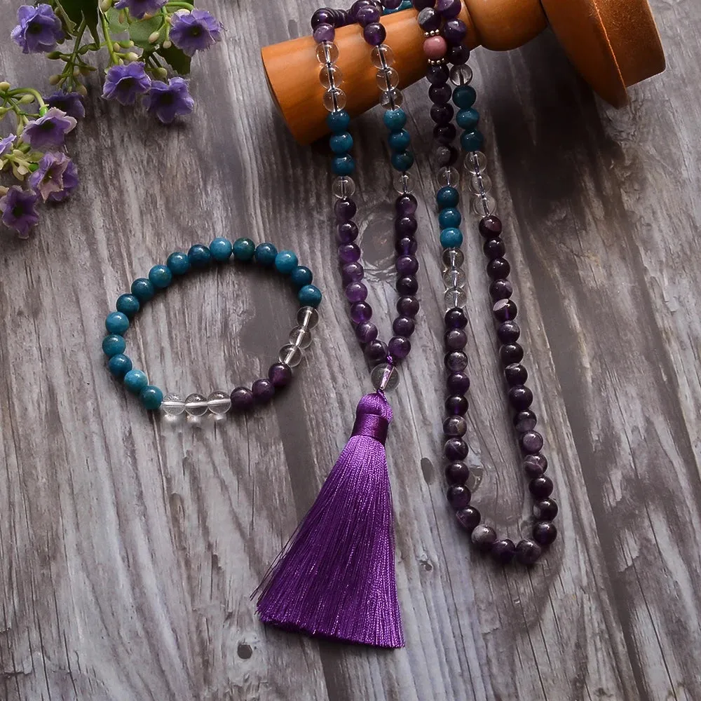 8mm Natural Amethyst Apatite Beads Necklace Bracelet 108 Mala Jewelry Set Meditation