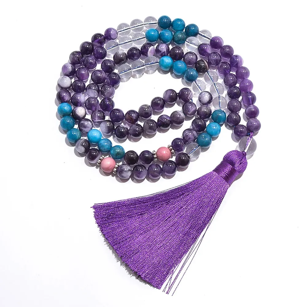 8mm Natural Amethyst Apatite Beads Necklace Bracelet 108 Mala Jewelry Set Meditation