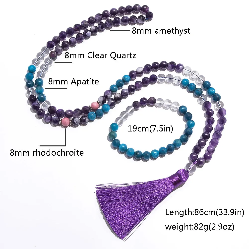 8mm Natural Amethyst Apatite Beads Necklace Bracelet 108 Mala Jewelry Set Meditation