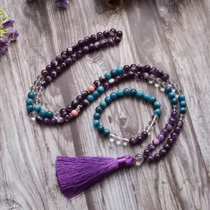 8mm Natural Amethyst Apatite Beads Necklace Bracelet 108 Mala Jewelry Set Meditation