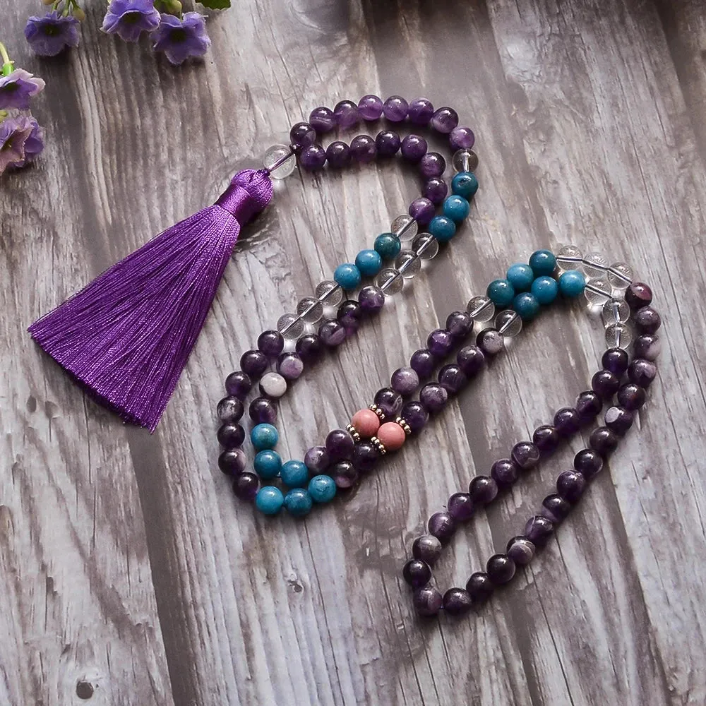 8mm Natural Amethyst Apatite Beads Necklace Bracelet 108 Mala Jewelry Set Meditation