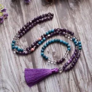 8mm Natural Amethyst Apatite Beads Necklace Bracelet 108 Mala Jewelry Set