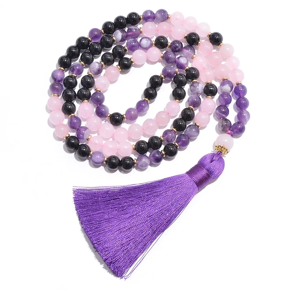 8mm Natural Amethyst Black Onyx Rose Quartz Beads 108 Mala Necklace
