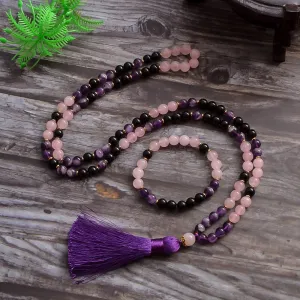 8mm Natural Amethyst Black Onyx Rose Quartz Beads 108 Mala Necklace