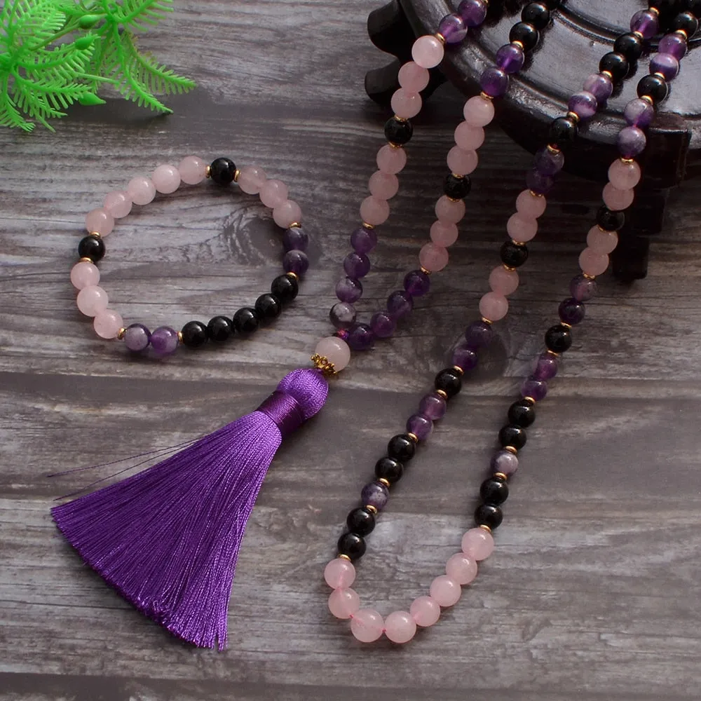 8mm Natural Amethyst Black Onyx Rose Quartz Beads 108 Mala Necklace
