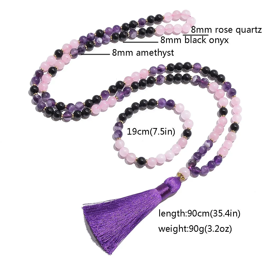 8mm Natural Amethyst Black Onyx Rose Quartz Beads 108 Mala Necklace