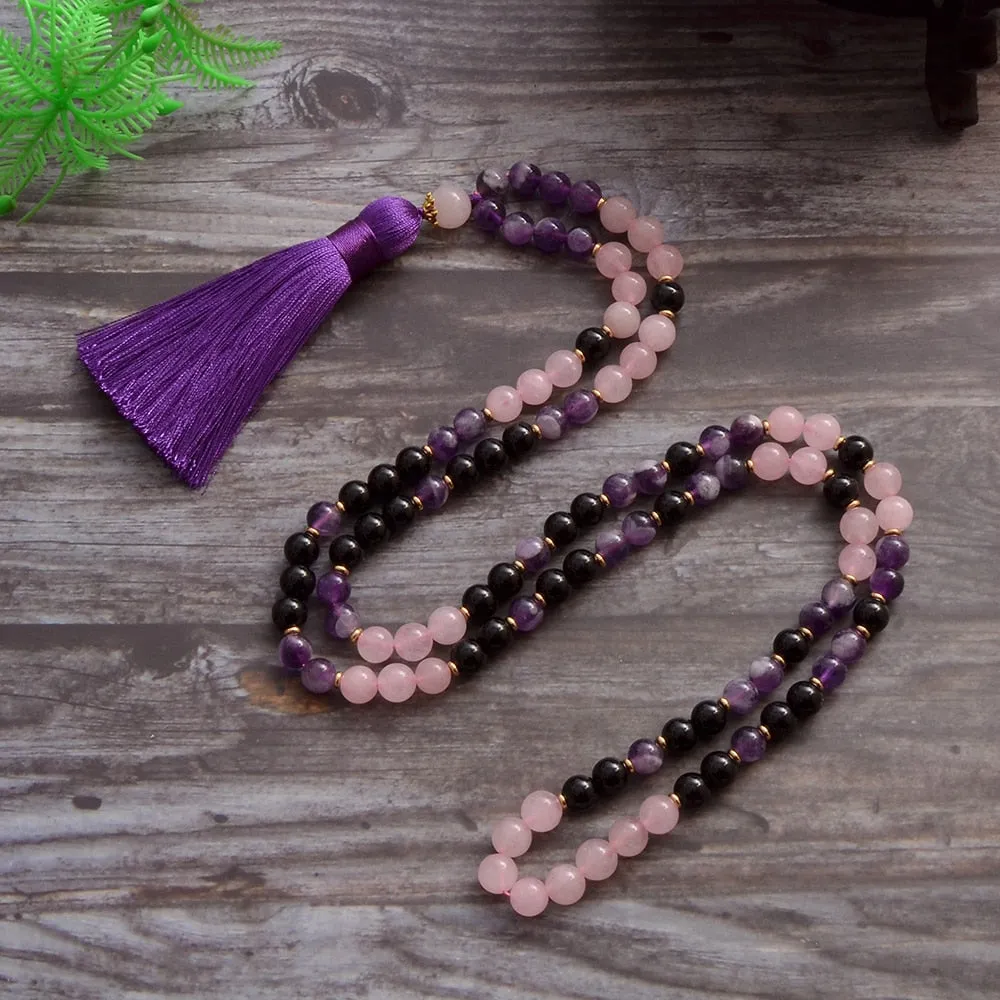 8mm Natural Amethyst Black Onyx Rose Quartz Beads 108 Mala Necklace