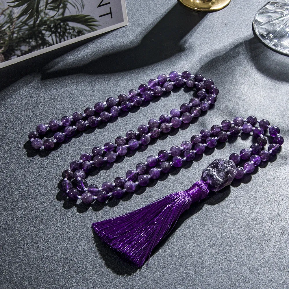 8mm Natural Amethyst Knotted Beaded 108 Mala Beads Necklace Meditation
