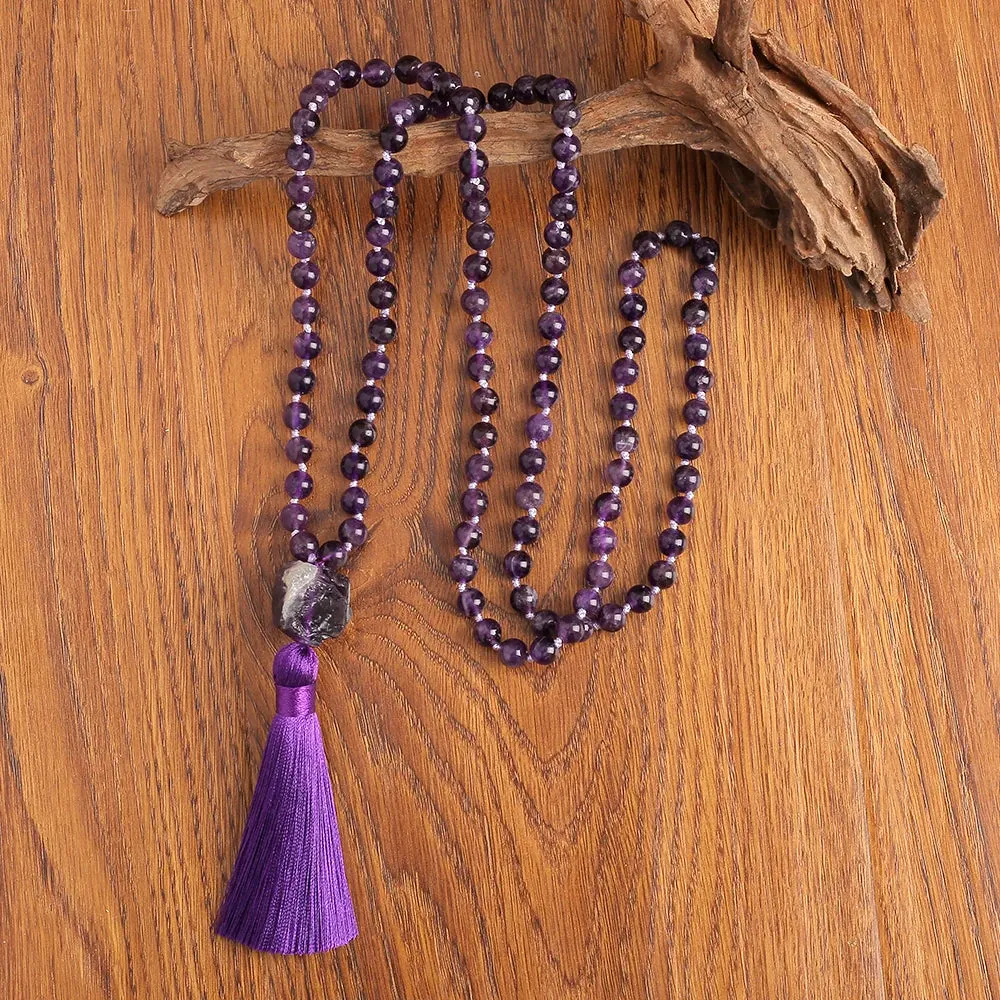 8mm Natural Amethyst Knotted Beaded 108 Mala Beads Necklace Meditation