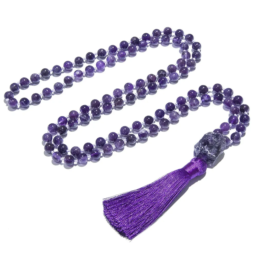 8mm Natural Amethyst Knotted Beaded 108 Mala Beads Necklace Meditation