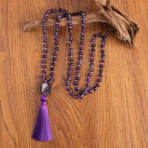 8mm Natural Amethyst Knotted Beaded 108 Mala Beads Necklace Meditation