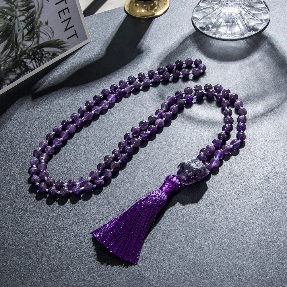 8mm Natural Amethyst Knotted Beaded 108 Mala Beads Necklace Meditation