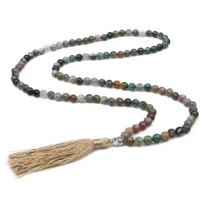 8mm Natural Indian Agate Beaded Buddha Head Necklace 108 Japa Mala Meditation Yoga Peaceful Jewelry