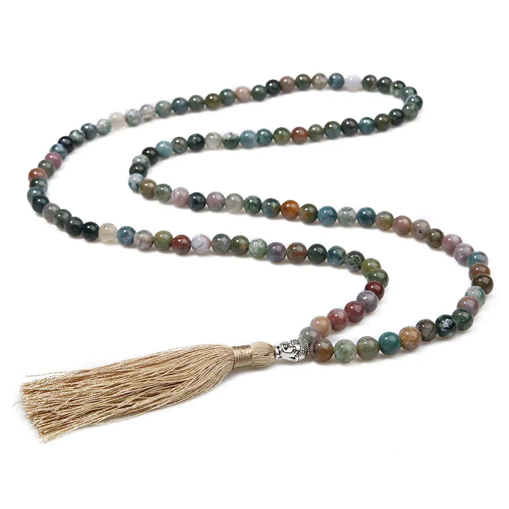 8mm Natural Indian Agate Beaded Buddha Head Necklace 108 Japa Mala Meditation Yoga Peaceful Jewelry