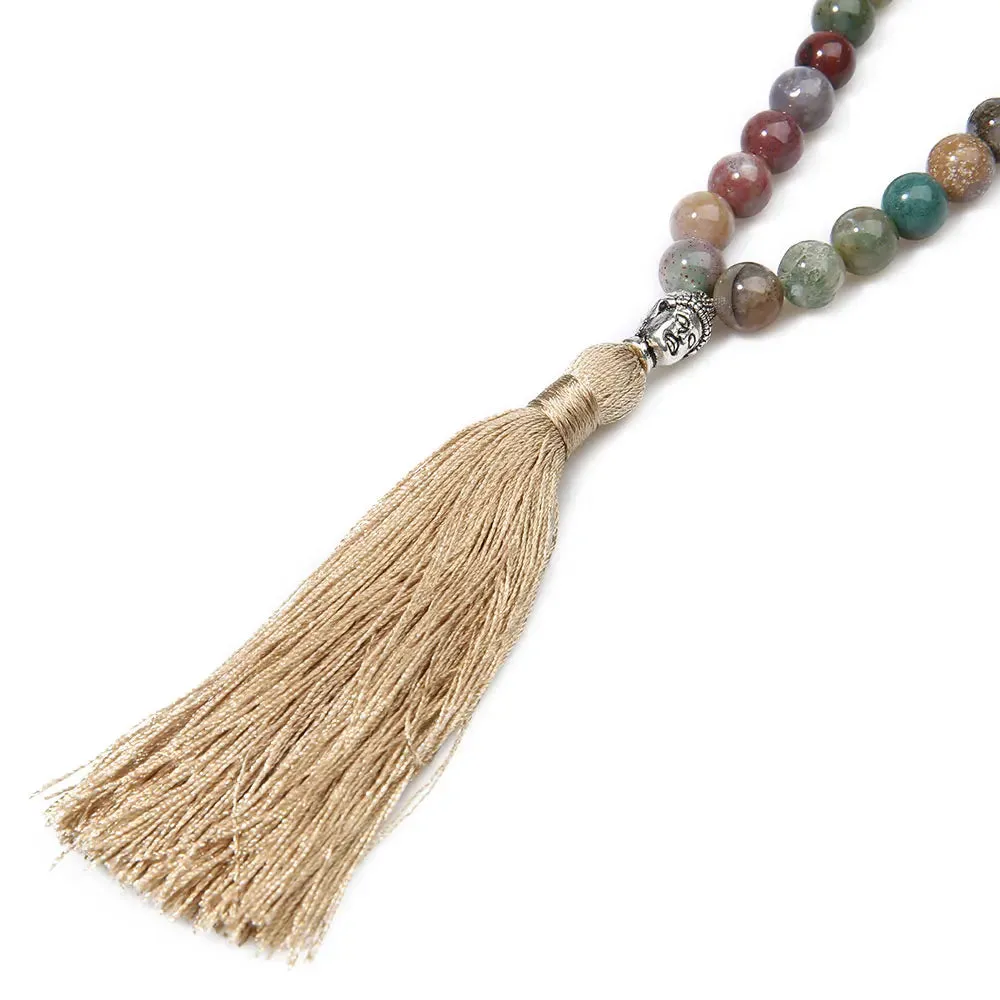 8mm Natural Indian Agate Beaded Buddha Head Necklace 108 Japa Mala Meditation Yoga Peaceful Jewelry