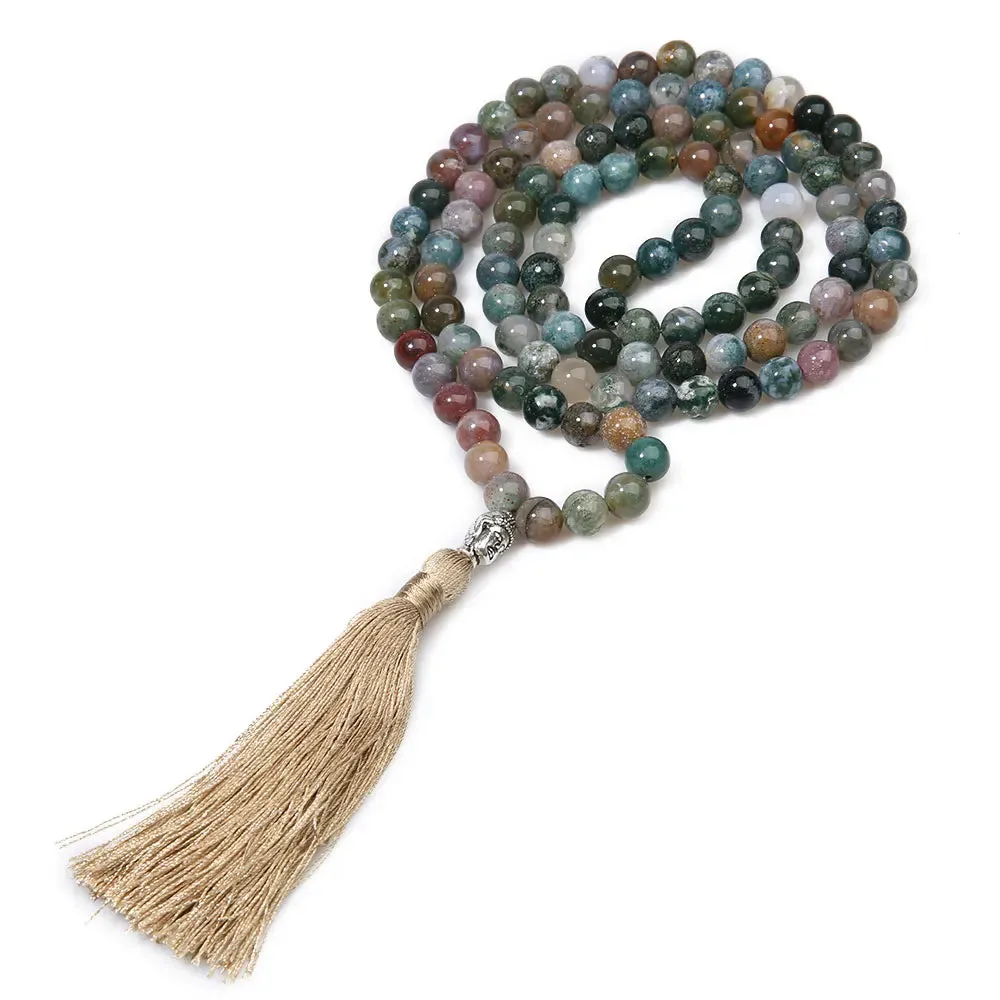 8mm Natural Indian Agate Beaded Buddha Head Necklace 108 Japa Mala Meditation Yoga Peaceful Jewelry