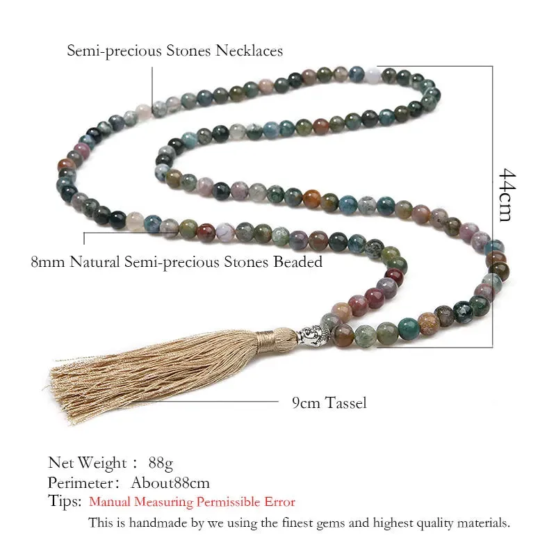 8mm Natural Indian Agate Beaded Buddha Head Necklace 108 Japa Mala Meditation Yoga Peaceful Jewelry
