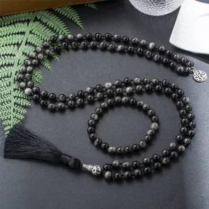 8mm Natural Obsidian Beaded Knotted Mala Necklace