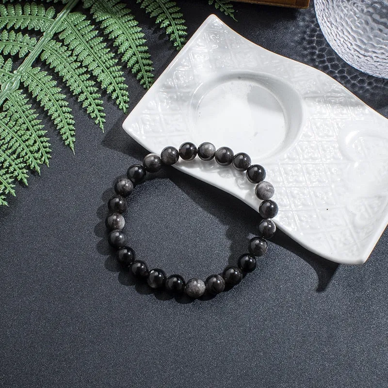 8mm Natural Obsidian Beaded Knotted Mala Necklace