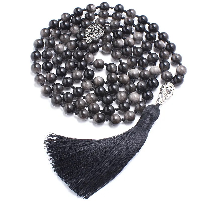 8mm Natural Obsidian Beaded Knotted Mala Necklace